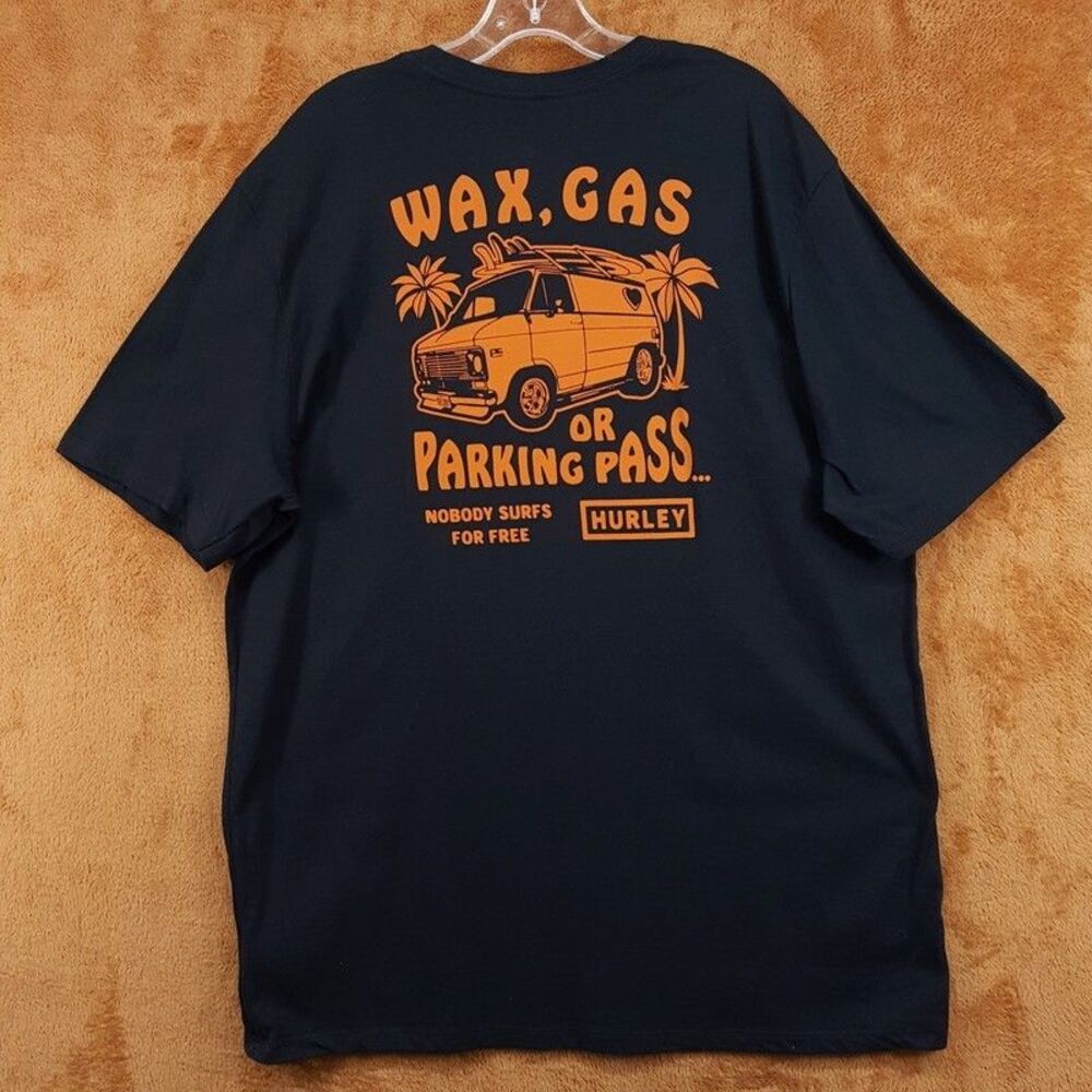 HURLEY Shirt Mens XL Black Graphic Wax Gas Parking Pass Logo T-Shirt Tee